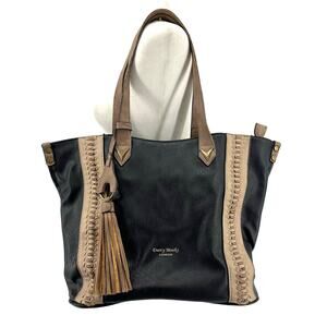 Darcy Marks London Black‎ Tan Vegan Leather Tote Bag Purse with Tassel